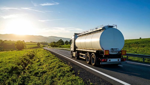 Petrol cargo truck lorry tanker driving on highway hauling oil products at sunrise, wide hilly