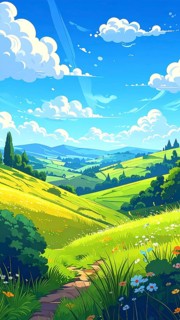 Fresh summer hilly Landscape with blooming Meadow, green plants, Blue Sky with cloudy sky, serene