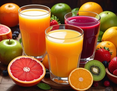 Fresh fruit juices in glasses, surrounded by colorful fruits, showcasing healthy drinking and