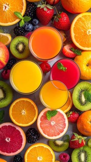 Fresh fruit juices in glasses, surrounded by colorful fruits, showcasing healthy drinking and