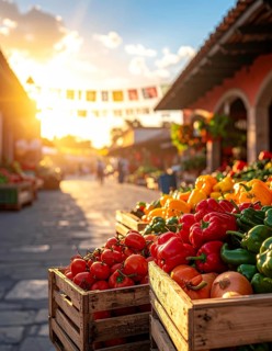 Traditional Mexican plaza with crates of peppers, onions, and tomatoes, economic prosperity in