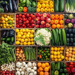 Fresh fruits and vegetables in a market display, aerial view perpendicular top down, healthy eating