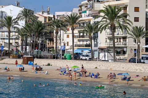 View of the beach and old town of Jávea or Xàbia, Alicante Province, Comunidad Valenciana, Spain