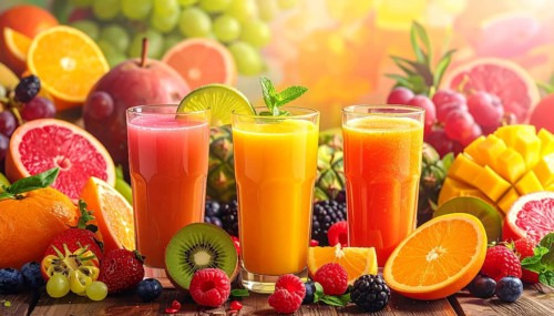 Fresh fruit juices in glasses, surrounded by colorful fruits, showcasing healthy drinking and