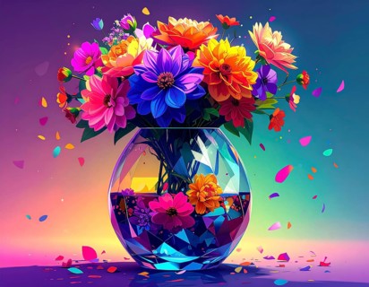 Crystal glass vase with vibrant blooming flowers, vibrant vector drawing illustration for fresh