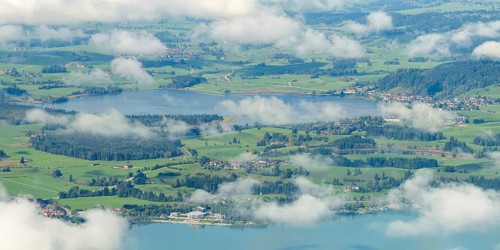 Panorama from Tegelberg, 1881m, of Hopfensee, in front of Lake Forggensee, Ostallgäu, Bavaria,