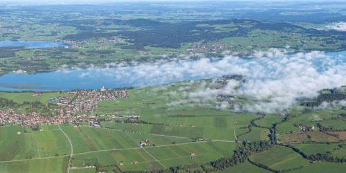 Panorama from Tegelberg, 1881m, on Schwangau, Waltenhofen, Hopfensee and Forggensee, Ostallgäu,