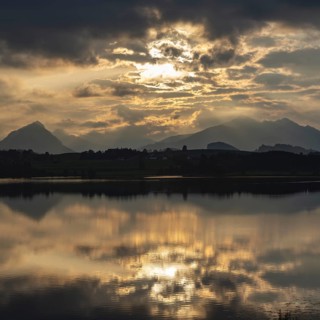 Sunset, Hopfensee, Hopfen am See, near Füssen, Ostallgäu, Allgäu, Bavaria, Germany