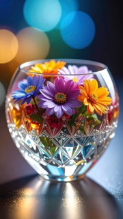 Crystal glass vase with vibrant blooming flowers, fresh spring and summer concept, AI generated