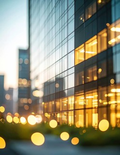 Modern building reflecting sunset light at dusk. Abstract Futuristic Business Background, AI