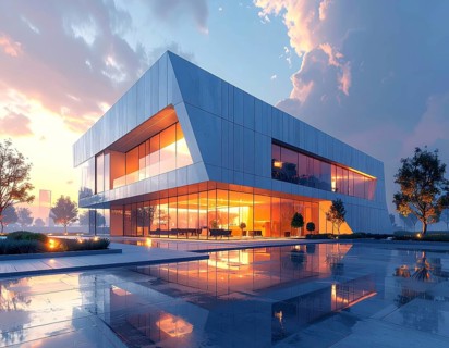 Modern building reflecting sunset light at dusk. Abstract Futuristic Business Background, AI