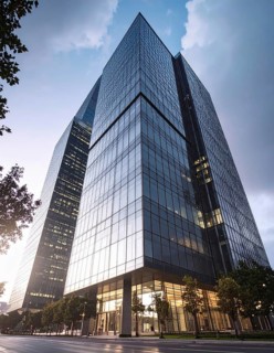 Modern building reflecting sunset light at dusk. Abstract Futuristic Business Background, AI