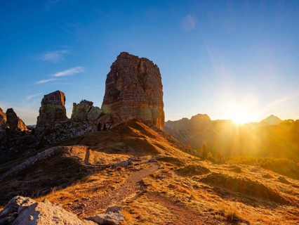 Five towers, Cinque Torri at sunrise, climbing rocks, Dolomites, Alps, Belluno province, Veneto