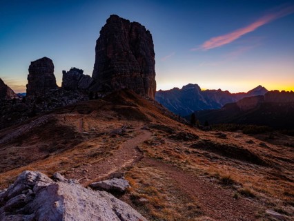 Five towers, Cinque Torri at dawn, climbing rocks, Dolomites, Alps, Belluno province, Veneto