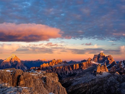 Alpenglühen, Rifugio Lagazuoi and rugged Dolomite peaks at sunset, Dolomites, Alps, Belluno