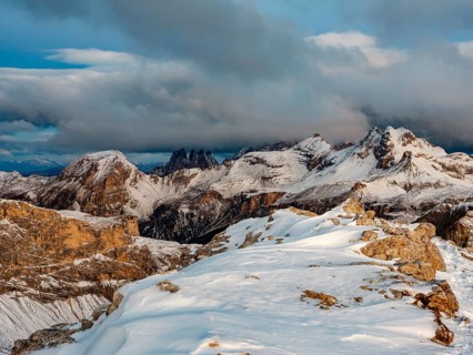 Puez Group and Geisler Peaks with fresh snow, Puez-Geisler nature park Park, Dolomites, Trentino,