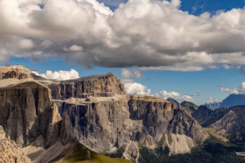 Pordoi peak with the 800-meter high west face, Piz Boe on the left, Civetta on the right,
