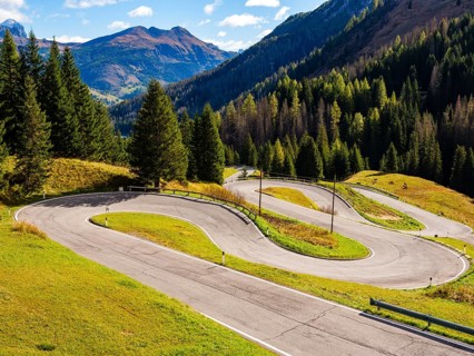 Pass road with many hairpin curves, Dolomite Road, Passo Pordoi, Dolomites, Alps, Belluno province,