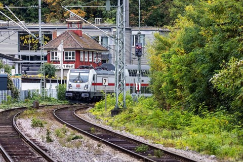 InterCity operated by Deutsche Bahn AG on the road between Stuttgart and Singen. The panoramic