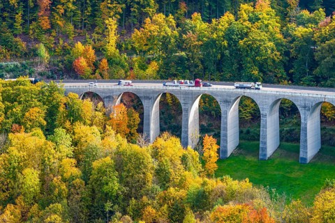 Todsburg bridge on the A8 motorway near Mühlhausen. Alpine climb to the Swabian Jura in autumn. The