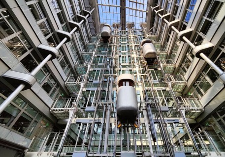 Atrium with three panoramic lifts, interior lift, Ludwig-Erhard-Haus, abbreviated LEH,