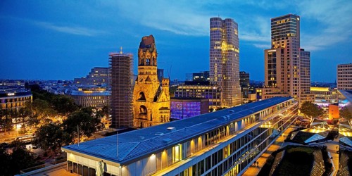 Bikini Berlin with Kaiser Wilhelm Memorial Church from an elevated position in the evening,