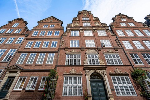 Facades of the historic brick buildings in Peterstraße, Komponistenviertel, Neustadt, Hamburg,