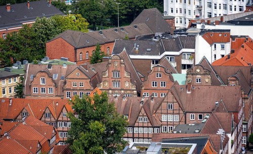 View over the city, historic brick building in Peterstraße, Komponistenviertel, Neustadt, Hamburg,