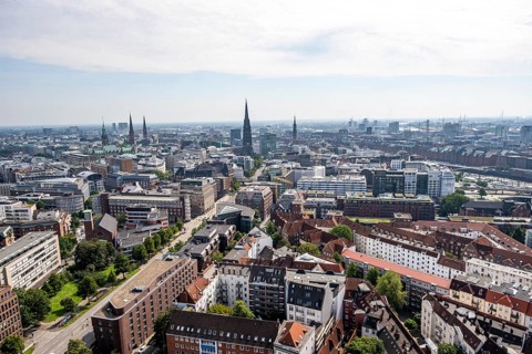 City view, view over Hamburg city centre with church towers and town hall tower, from the tower of