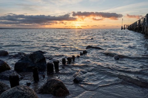 Sunset over the North Sea near Utersum, Föhr Island, Schleswig-Holstein, Germany