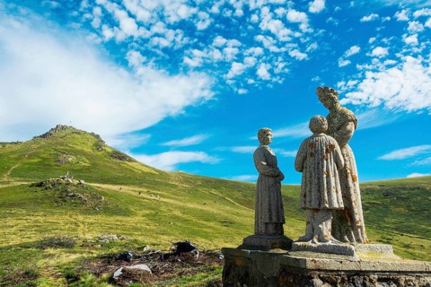 Statue of Virgin Mary. Roc de Courlande in Auvergne Volcanoes Regional Park. Puy de Dome. Auvergne