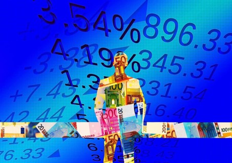 Symbol photo, manager with euro, financial economy, stock market, banks, money flows, devaluation,