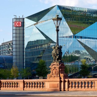 Historic Moltkebrücke with modern Cube Berlin, cube-shaped office building with glass façade
