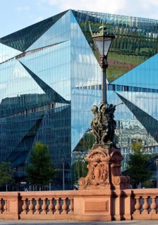Historic Moltkebrücke with modern Cube Berlin, cube-shaped office building with glass façade