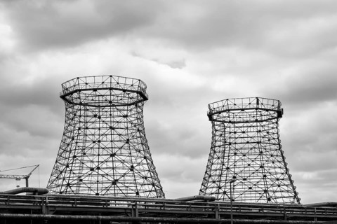Scaffolding of former cooling towers, fan cooler, Zollverein coking plant, black and white photo,