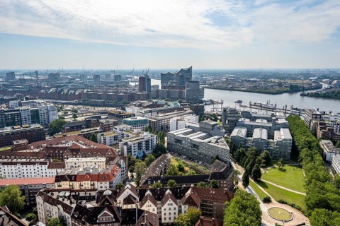 City view, view of the Elbe with Elbphilharmonie, from the tower of St Michael's Church, Hamburg,