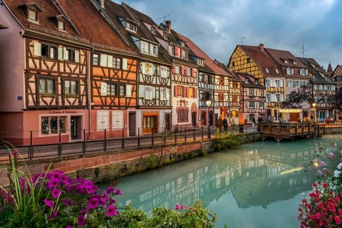 Evening atmosphere in Petite Venise in the old town of Colmar, France