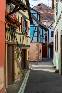 Alley with half-timbered houses in the old town centre of Ribeauvillè