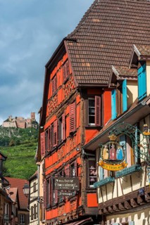 Historic town view with St Ulrich's Castle and half-timbered houses in Ribeauvillè