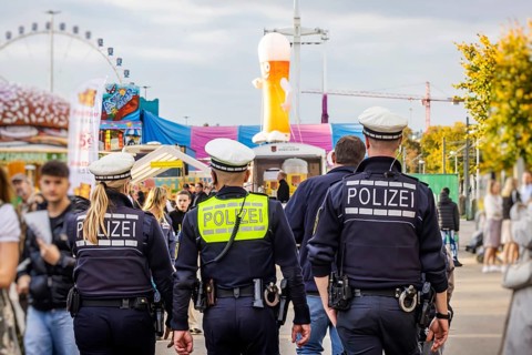Police patrols at the funfair. The 178th Cannstatter Volksfest on the Wasen attracted 4.2 million