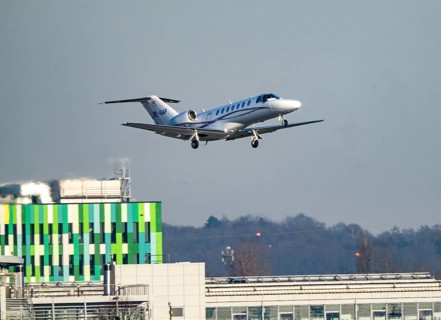 Private jet of the type Cessna Citation CJ3+, of the private airline Fly Tyrol, approaching