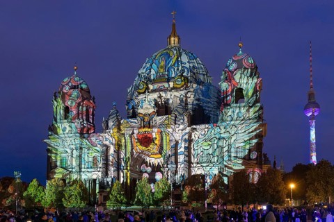 Berlin Cathedral with television tower, 21st BERLIN FESTIVAL OF LIGHTS, motto Let's Shine Together,