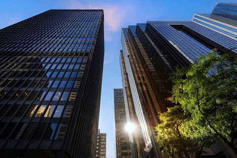 Scenic Toronto financial district skyline in the city downtown near Yonge and King intersection,