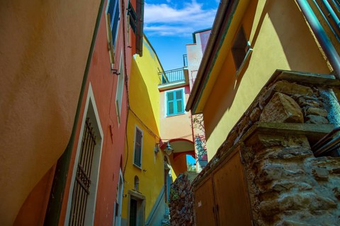Manarola colorful rustic buildings in historic city center, Italy, Cinque Terre