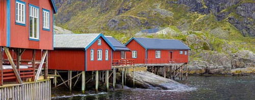 Scenic fishing village A in Lofoten Islands with authentic fishermen sheds and museum