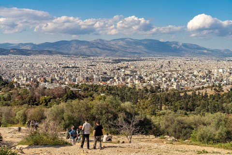 View from Philopappos Hill over the sea of houses in the Greek capital Athens, Greece