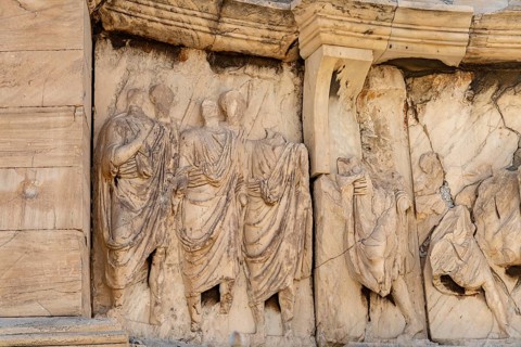 Detail of the Philopappos Monument on Philopappos Hill in the Greek capital Athens, Greece