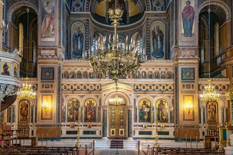 Iconostasis in the interior of the Cathedral of the Annunciation in the Greek capital Athens,