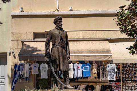 Statue of the soldier Yannis Makriyannis in the historic centre of Plaka, capital city of Athens,