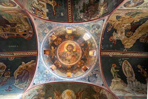 Christ Pantocrator in the dome of the Kapnikarea Church in the Greek capital Athens, Greece